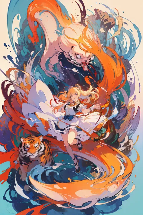 (​masterpiece、top-quality、official art:1.2)、look at viewers、｛dress appearance｝、｛tiger and girl｝、｛tiger painting｝，transparency，co...