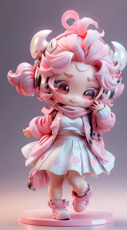 Blind box style， Chibi，Cute big breasts,white backgrounid,simple backgound,Alone, The face is red, ssmile, awas_beaks,  a skirt, dual horsetail, full_body, Pink_the hair, Yoon_eyed_deactivate, Pink_eyed, Chibi,