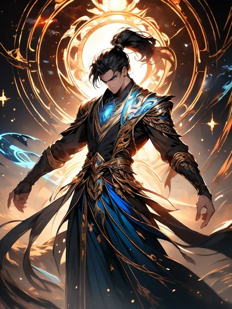 a painting that represents the nature of magic in his world，black hair with high ponytail，blue eyed protagonist，there is a myste...