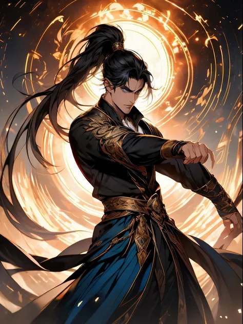 a painting that represents the nature of magic in his world，Black hair with high ponytail，blue eyed protagonist，There is a mysterious black mark on the neck，Blackn clothes，Immerse yourself in a barrage of magical energy，Normal hands，Glowing particles dance...