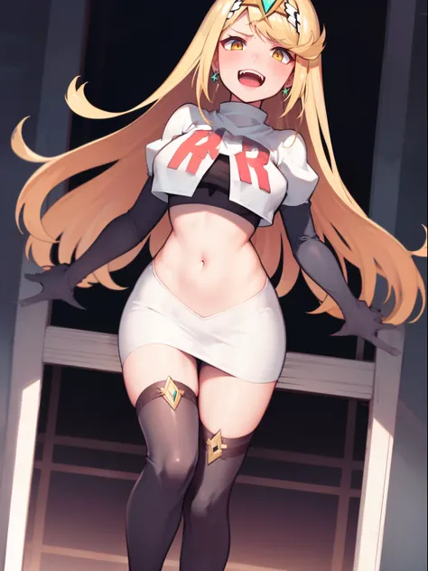 mythra \(xenoblade\), blond hair, yellow eyes, team rocket uniform, red letter r, white skirt,white crop top,black thigh-high bo...