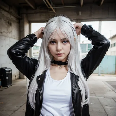 Anime girl, long white hair, purple eyes, black leather jacket, white tank top