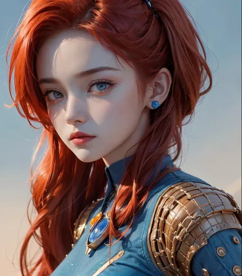 Upper body close-up image.A Martian princess with red hair that stretches down her back. Age is 15 years old. Wheat skin, beautiful. Strong-willed eyes. He wears clothes based on blue.Chalk palace on the background of the woman. 8K image quality.