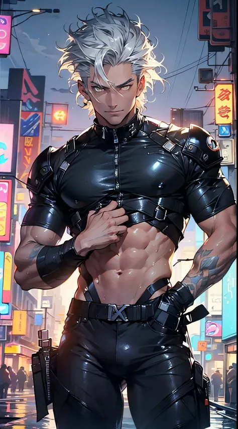 muscular man,(((1man))),((man muscular)),

(((1male,man:1.5,handsome man,male,male gender:1.5,male focus))),macho man,

((short white hair)),(((lustrous skin:1.5,tanned skin,bright skin: 1.5,skin tanned,shiny skin,very shiny skin,shiny body,illuminated ski...