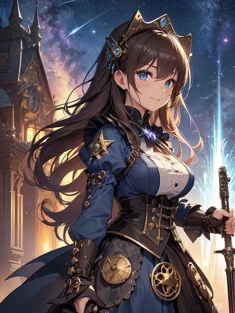 top-quality、Top image quality、​masterpiece、Beautiful Gothic girl((20yr old、Best Bust、big bast、Bust 90,Beautiful blue eyes、,Brown hair long hair、A slender、a closeup、Hold a steampunk cannon、glowing sword in hand、Cool pose、fight、Esbian、Gothic Maid costume、bea...