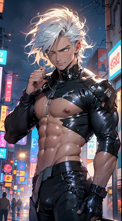 muscular man,(((1man))),((man muscular)),

(((1male,man:1.5,handsome man,male,male gender:1.5,male focus))),macho man,

((short white hair)),(((lustrous skin:1.5,tanned skin,bright skin: 1.5,skin tanned,shiny skin,very shiny skin,shiny body,illuminated ski...