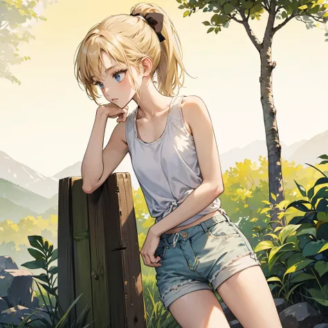 ((boold manga line style)), masterpiece, best quality, shabby clothes, boold manga line style, short hair neck length, tied pony, blonde, 1girl, solo, loli, bangs, tanktop, shorts, small pony tail, ((ponytail)), little girl, forest background, abandoned gi...