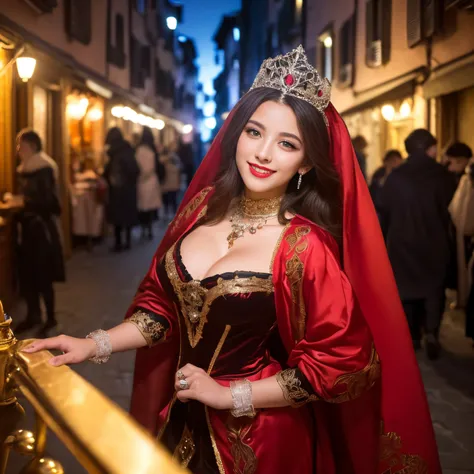 ((top-quality、masutepiece、8K、Top image quality、Highly complex and detailed depictions))、(Photos of the majestic and most beautiful goddesses of Italy:1.3)、Luxury red-light district of medieval Italy、(The most luxurious and intricate goddess costumes:1.3)、(...