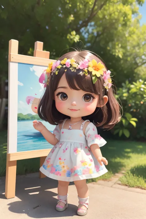 photoRealstic、Doll standing in front of the painting（nendroid）、A smile、Water droplets on the cheeks、In a cute pose、watercolor Nendoroid、(High Definition Figure)、Flowing iridescent silk、up of face、Eye Up、Colorcon with heart pattern、Floral dress、Making a hea...