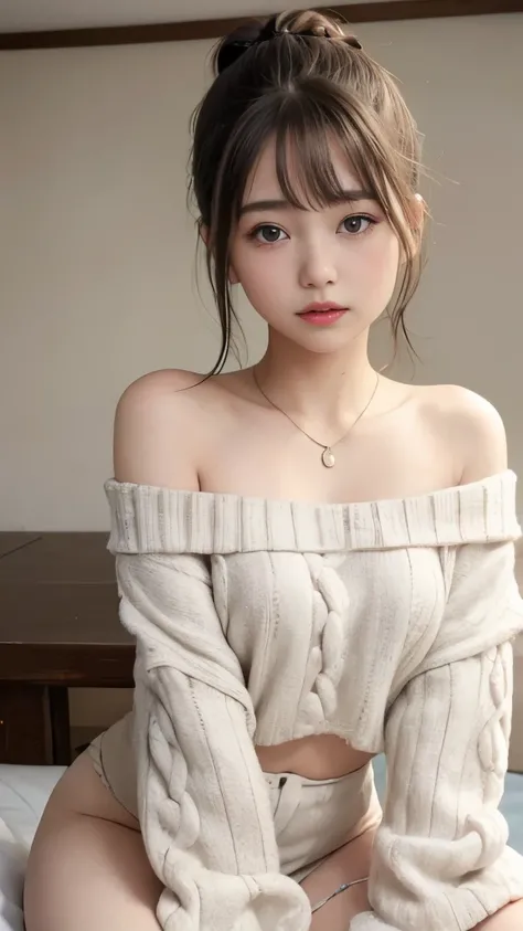 Adorable, pure lust,12year old, child  , flat chest,  Japan Girl,  (Off_Shoulder sweater, Bare shoulders), baby hair, hair scrunchie, french braids,  (suggestive:1.2),   (Smile:0.7), (Best Quality:1.0), (超A high resolution:1.0) ,(photographrealistic:1), (u...