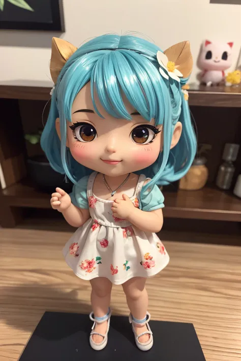 photoRealstic、Doll standing in front of the painting（nendroid）、A smile、Water droplets on the cheeks、In a cute pose、watercolor Nendoroid、(High Definition Figure)、Flowing iridescent silk、up of face、Eye Up、Colorcon with heart pattern、Floral dress、Making a hea...