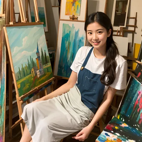 a talented artist in her mid 20s, inside her gallery, sitting beside one of her paintings, wearing a painting apron, looking at me