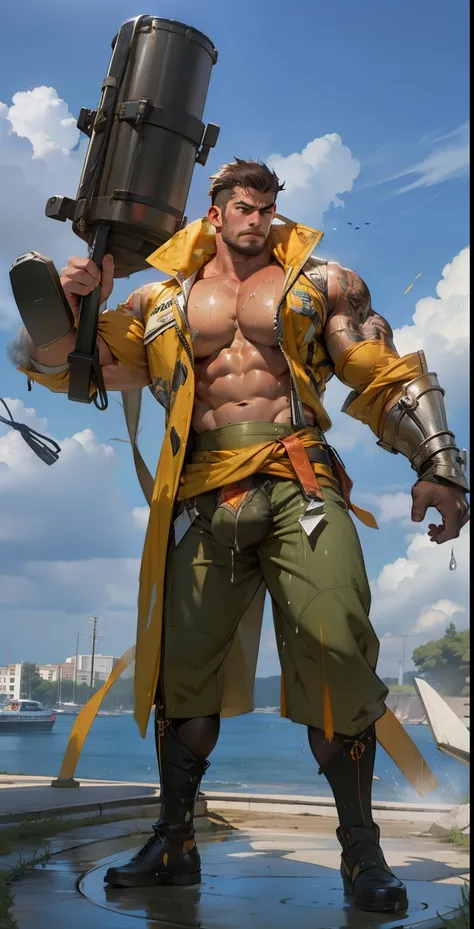 a muscular hero, bara, Naked , Legs spread , impact , Sweaty , Wet , Seductive , Bigboobs , extremely large bulge , big balls ,, big ass,NSFW,