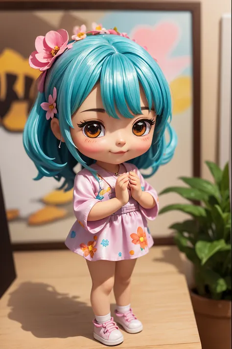 photoRealstic、Doll standing in front of the painting（nendroid）、A smile、Water droplets on the cheeks、In a cute pose、watercolor Nendoroid、(High Definition Figure)、Flowing iridescent silk、up of face、Eye Up、Colorcon with heart pattern、Floral dress、Making a hea...