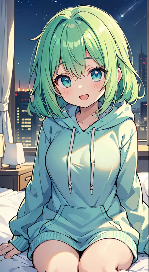 ((A Pretty girl with green hair and blue eyes))、((wearing white hoodie))、Loli face、((master piece、top-quality、ultra-definition、high resolution))、anime girl、((ultra-detailed illust:1.2))、only one person、bangs、hair between eye、beautiful hair、Beautiful eyes、M...