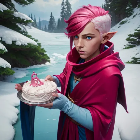 male cake icing elf with pink hair like icing and blue eyes. Fair skin, tall, lean. Long hair, and mischievous looking. Wears a cloak and tight clothing. Looks like a teenager or young adult.