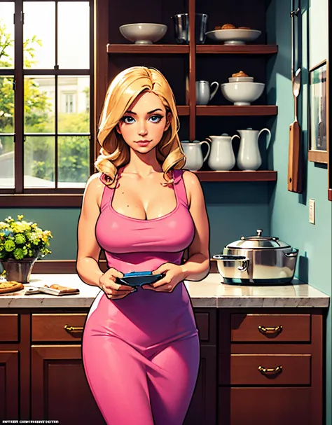 (robot housewife),(display case),(pink dress),(blonde hair),(blue eyes),(plastic skin),(best quality,4k,8k,highres,masterpiece:1.2),ultra-detailed,(realistic,photorealistic,photo-realistic:1.37),portraits,(vibrant colors,colorful:1.1),(soft lighting),(silv...