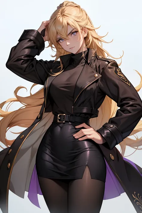 yang xiao longo ((master part)), ((best quality)), (cabelos loiros), (cabelos longos), ((!!penteado nos cabelos: um rabo de cava...