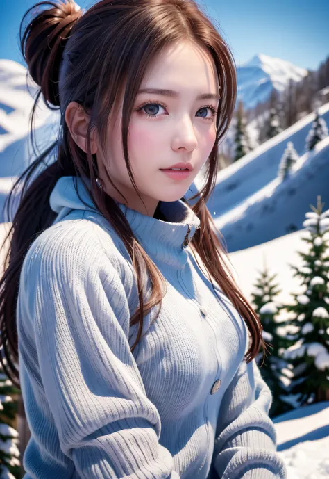 8K, of the highest quality, masutepiece:1.2), (Realistic, Photorealsitic:1.37), of the highest quality, masutepiece, Beautiful young woman, Pensive expression,、A charming、and an inviting look, skiing、snowboarder、Ski Wear, Hair tied back, Cinematic backgrou...