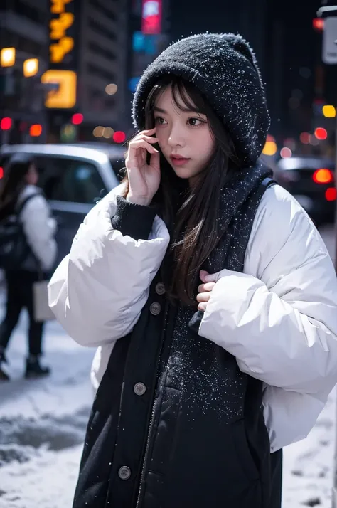 NYC, city, snowing, winter, white male, dark clothes, oversized clothing, portrait, snowfall, male, people waling, crowded city, cars, people, cars driving, people driving cars