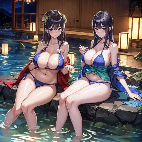 the night，The heat of natural hot springs fills the air，One is plump、Beautiful woman sitting in hot spring，Enjoy the comfort brought by hot springs。Her body is surrounded by warm water，The yukata is hung loosely around the body，Half a shoulder exposed。Her ...