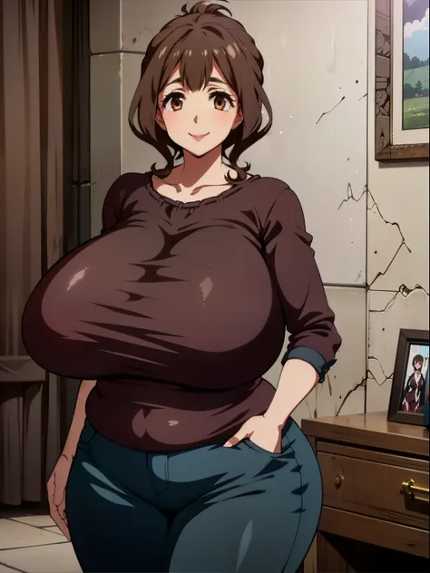 femele,((Baby)),Hugging the baby,Smile,(torino_kazami,maturefemale,huge-breasted,Plump,Brown hair,Brown eyes,Upstyle,lipsticks,wide hips,everyday clothes),livingroom、inside in room