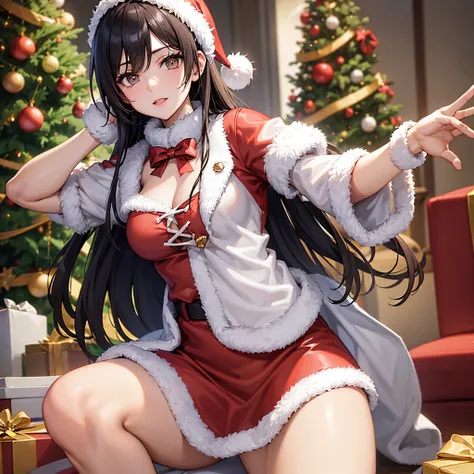 A dark-haired, A white-skinned gal practicing her Santa costume for Christmas.Christmas tree、masutepiece、Open palms、Refers to 5 books