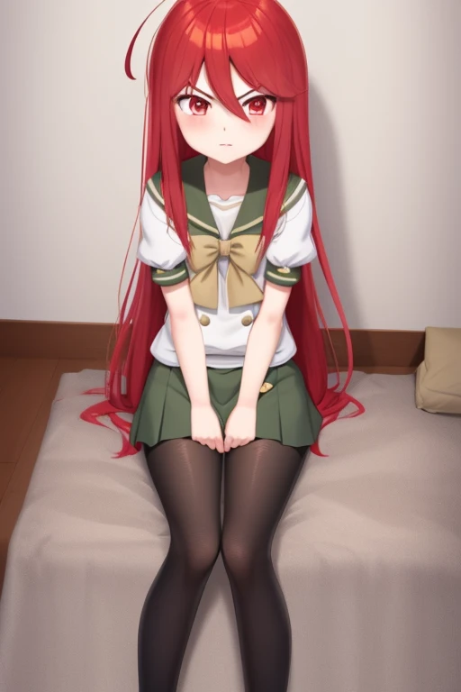 masutepiece, Best Quality,the Extremely Detailed CG Unity 8K Wallpapers, 
1girl in,Shana,Red hair,Red Eyes,short sleeves school uniform,arms folded,Ahoge,Black tights