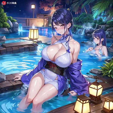 the night，The heat of natural hot springs fills the air，One is plump、Beautiful woman sitting in hot spring，Enjoy the comfort brought by hot springs。Her body is surrounded by warm water，The yukata is hung loosely around the body，Half a shoulder exposed。Her ...