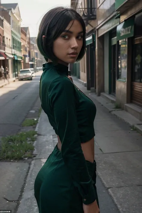 (masterpiece:1.2, best quality), emerald sustrai, 1girl, dark-skinned female, green hair, bob cut, classic outfit, red eyes, halterneck, solo, detailed face, ultra detailed eyes, looking at viewer, (cowboy shot), busy street, summer afternoon