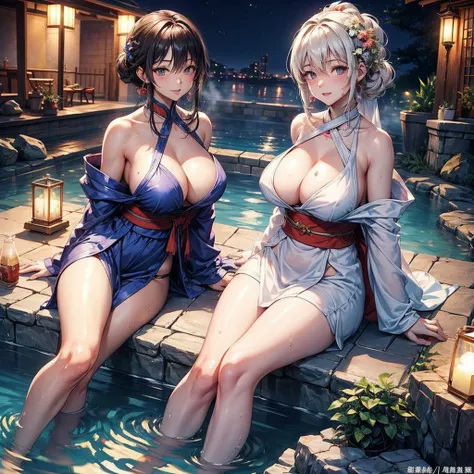 the night，The heat of natural hot springs fills the air，One is plump、Beautiful woman sitting in hot spring，Enjoy the comfort brought by hot springs。Her body is surrounded by warm water，The yukata is hung loosely around the body，Half a shoulder exposed。Her ...