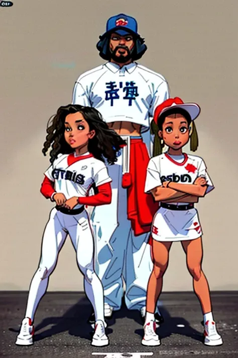 illustration of eight cartoon characters, mixed ethnicity, (afro American, Chinese, white, Indian,) group landscape picture, boys, girls, wearing different primary coloured baseball caps, futuristic clothing , face only, graffiti on wall in background.