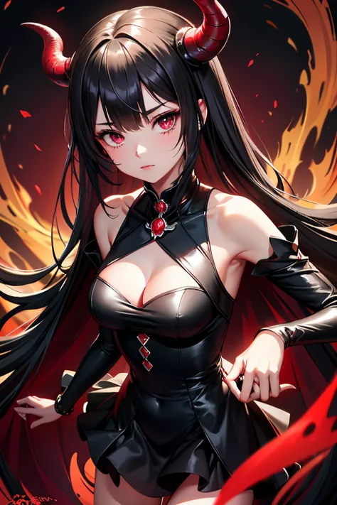 ((Best Quality,8k,4k)), ((masutepiece)), (Detailed), Perfect face、Perfect style、demon girls、１７age、Cool Face、Black dress、Black long hair、Red eyes、stand in the demon world、grand background、devil princess、