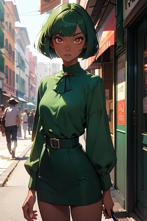 (masterpiece:1.2, best quality), emerald sustrai, 1girl, dark-skinned female, green hair, bob cut, classic outfit, red eyes, halterneck, solo, detailed face, ultra detailed eyes, looking at viewer, (cowboy shot), busy street, summer afternoon