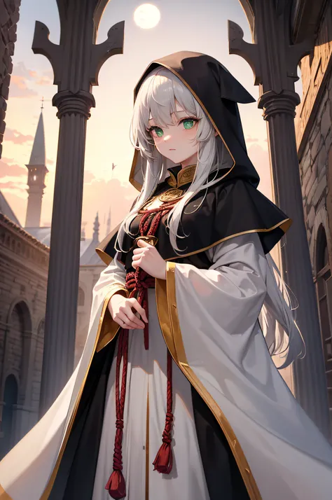 4K,hight resolution,One Woman,cream colored Hair,Longhaire,Green eyes,Sister,gray sacred rope,gray sacred armor,Gray hood,Medieval cities,the setting sun