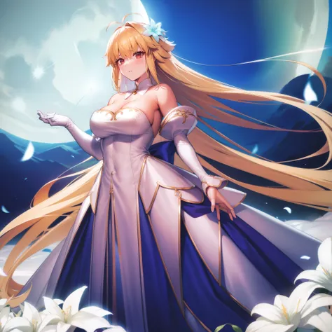 Takashi Takeuchi style, 1girl, archetype earth (hime), bare shoulders, blush, breasts, cleavage, detached collar, detached sleeves, two-tone strapless sleeveless hime white dress, field, flower, flower field, full moon, gloves, large breasts, looking at vi...