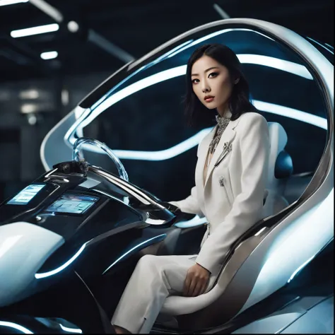 Arafe woman sitting in a futuristic car with futuristic interior, futuristic product car shot, Very futuristic, eora, sha xi, wearing futuristic white suit, lu ji, Futuristic, futuristic style, futuristic look, gemma chen, Li Zixin, fashionable futuristic ...