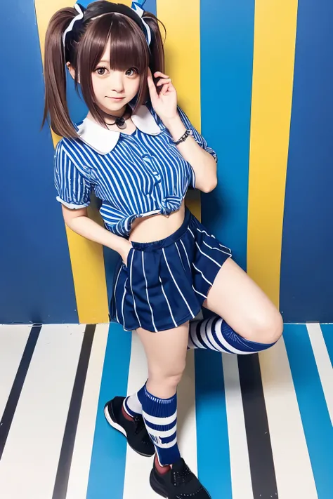 Close-up of a cartoon girl wearing a blue and black striped shirt, full body adoptable, rena nounen style 3/4, full body with costume, 2 d anime style, visual novel sprite, Blue and black scheme, single character full body, !!Full body portrait!!, beatrice...