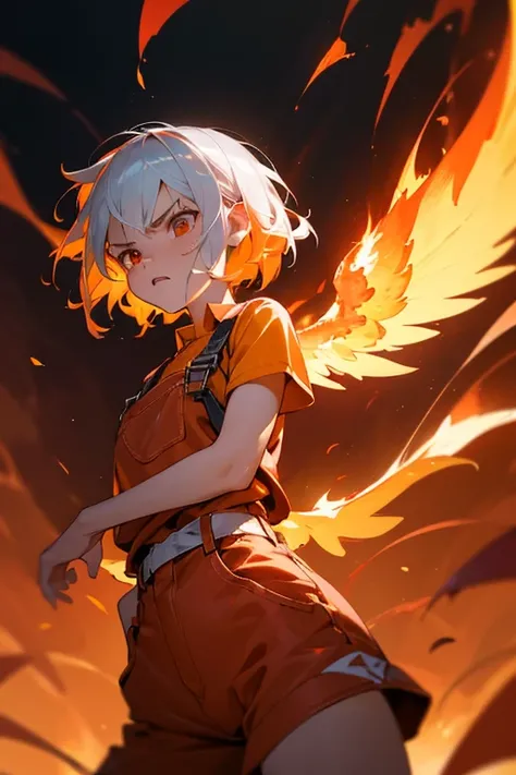 girl,short silver hair,loli,dressing shorts overalls,burning background,phoenix wings,enraged,(best quality,4k,8k,highres,masterpiece:1.2),ultra-detailed,(realistic,photorealistic,photo-realistic:1.37),oil painting,flaming colors,vibrant orange and red hue...