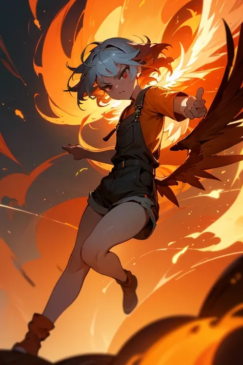 girl,short silver hair,loli,dressing shorts overalls,burning background,phoenix wings,enraged,(best quality,4k,8k,highres,masterpiece:1.2),ultra-detailed,(realistic,photorealistic,photo-realistic:1.37),oil painting,flaming colors,vibrant orange and red hue...