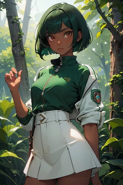 (masterpiece:1.2, best quality), emerald sustrai, 1girl, dark-skinned female, green hair, bob cut, atlas outfit, white cropped jacket, zipper, halterneck top, short white skirt, red eyes, solo, detailed face, ultra detailed eyes, looking at viewer, (cowboy...