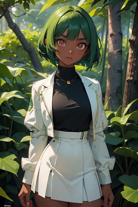 (masterpiece:1.2, best quality), emerald sustrai, 1girl, dark-skinned female, green hair, bob cut, atlas outfit, white cropped jacket, zipper, halterneck top, short white skirt, red eyes, solo, detailed face, ultra detailed eyes, looking at viewer, (cowboy...