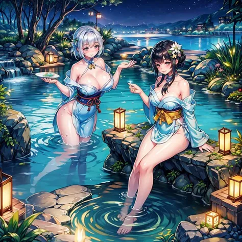 the night，The heat of natural hot springs fills the air，One is plump、Beautiful woman sitting in hot spring，Enjoy the comfort brought by hot springs。Her body is surrounded by warm water，The yukata is hung loosely around the body，Half a shoulder exposed。Her ...