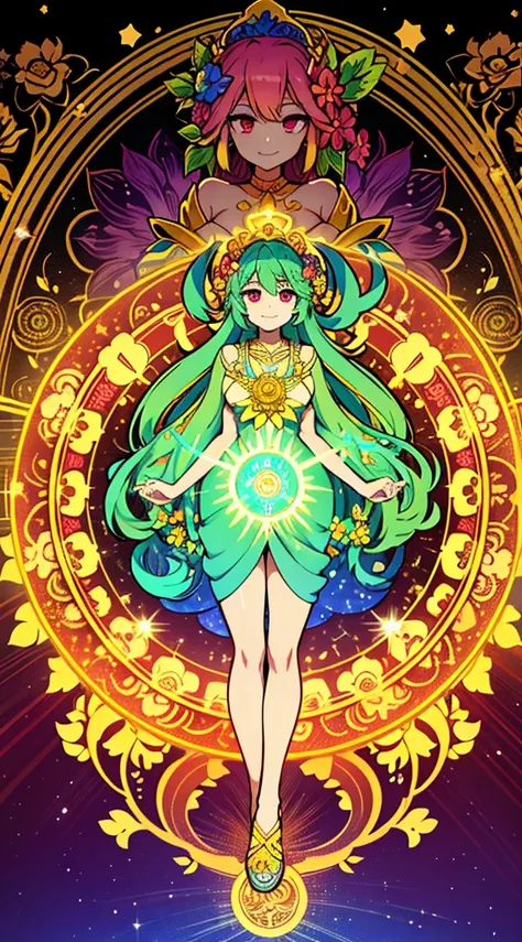 goddess of flowers, venusian goddess, solar goddess, dancing in a flower meadow with sun dress made of flowers, mandala of light behind her, kalachakra, magick circle background behind, heart-opening smile, golden crown made of flowers, green-blue hair, re...