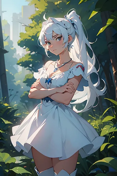 (masterpiece, best quality:1.2), weiss schnee, cowboy shot, solo, 1girl, expressionless, closed mouth, looking at viewer, crossed arms, long white hair, side ponytail, blue dress, white boots, scar on left eye, jewelry, necklace, earrings, forest, summer a...