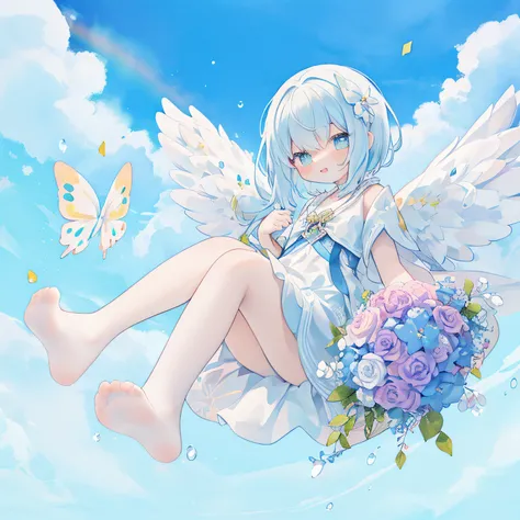 Girl wearing big angel wings hanging on balloons、(PastelColors:1.3)、(Cute illustration:1.3)、(watercolor paiting:1.1)、 Blue butterfly、holding flower bouquet：1.3,a pixie cut、（jumpping、levitation）、
Detailed background、（1girl in：1.3）、Smile with open mouth、Beau...