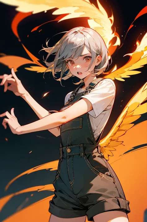 girl,short silver hair,loli,dressing shorts overalls,burning background,phoenix wings,enraged,with large fire sword,(best qualit...