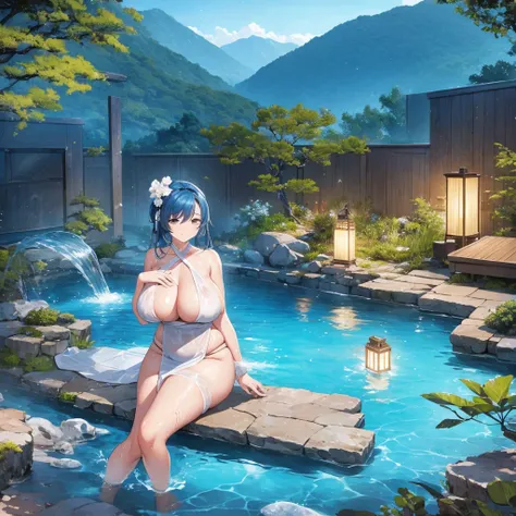 natta，The air is filled with the heat of natural hot springs，One is plump、Beautiful woman sitting in hot spring，Enjoy the comfort brought by hot springs。Her body is surrounded by warm water，The yukata hangs loosely on the body，Half a shoulder exposed。Her s...