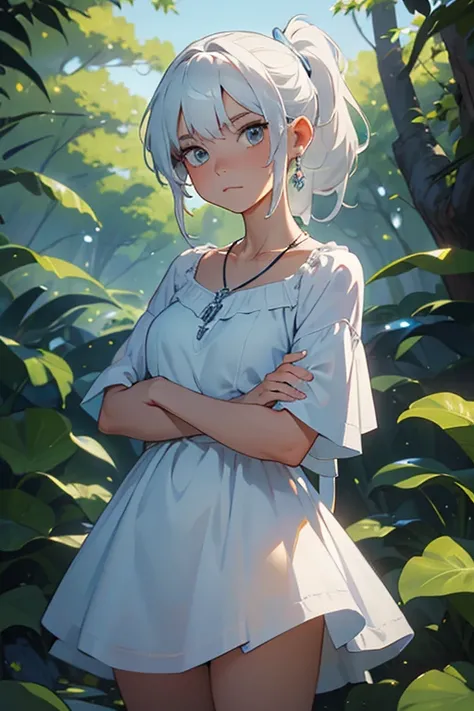 (masterpiece, best quality:1.2), cowboy shot, solo, 1girl, expressionless, closed mouth, looking at viewer, crossed arms, vale outfit, white hair, side ponytail, blue dress, white boots, scar on left eye, jewellery, necklace, earrings, forest, summer after...