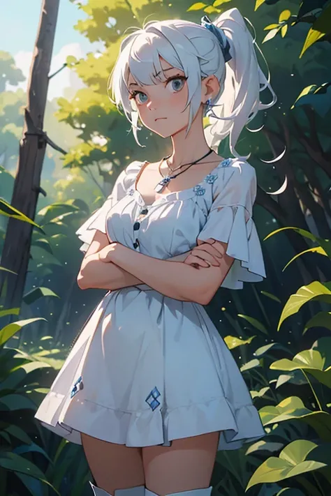 (masterpiece, best quality:1.2), cowboy shot, solo, 1girl, expressionless, closed mouth, looking at viewer, crossed arms, vale outfit, white hair, side ponytail, blue dress, white boots, scar on left eye, jewellery, necklace, earrings, forest, summer after...